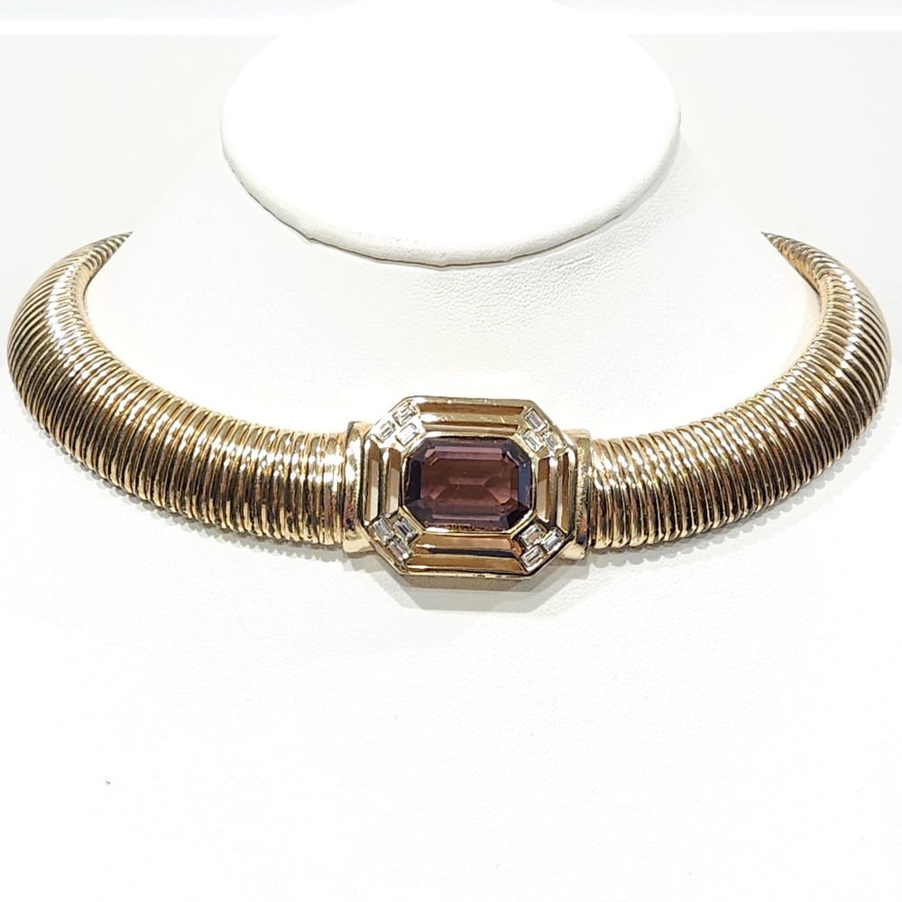 Vintage Dior Amethyst Purple Crystal Gold Omega Chain Necklace Germany - Picture 2 of 16